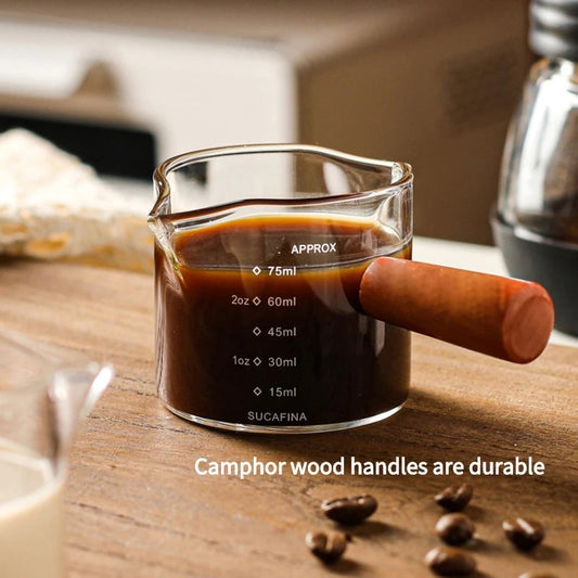 Glass Espresso Measuring Shot Glass Pitcher with Wooden Handle
