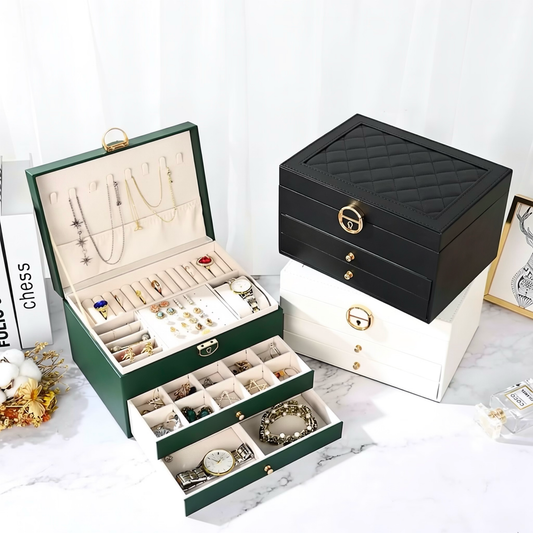 Multi-Layer Quilted PU Leather Jewelry Organizer Box with Drawers & Lock
