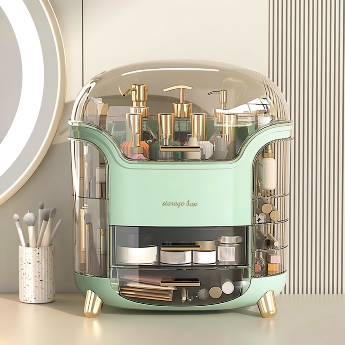 Luxury Dustproof Makeup Organizer Box with Rotating Side Doors & Drawers