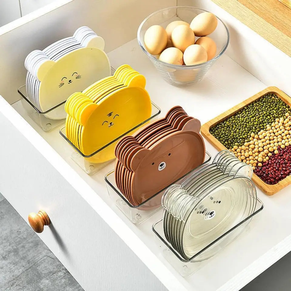 Cute Bear-Shaped Snack Plate Set with Clear Storage Holder (Set of 8)