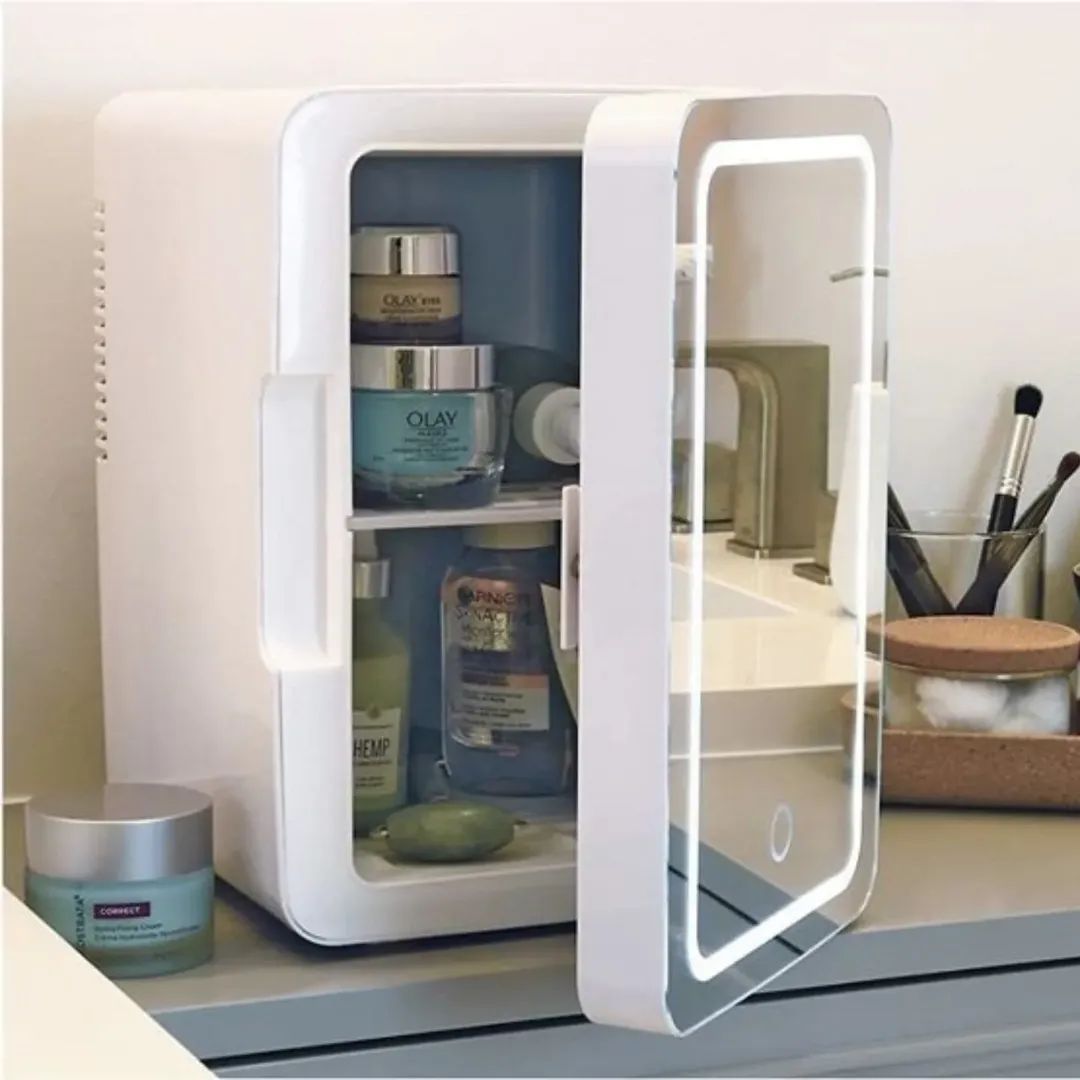 Portable 4L Mini Beauty Fridge with Dimmable LED Lighted Mirror