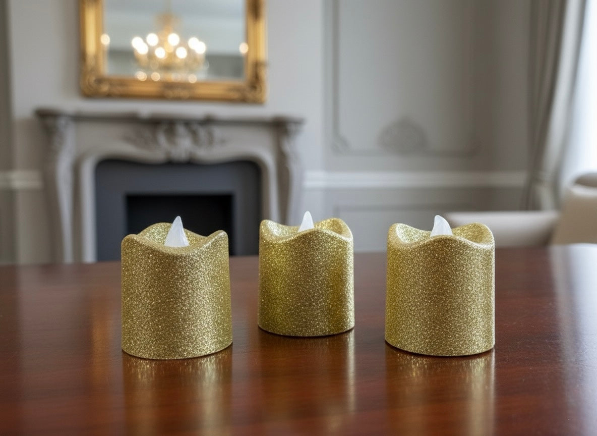 Gold Glitter LED Flameless Votive Candle Set with Flickering Amber Light (3 Piece)