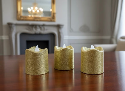 Gold Glitter LED Flameless Votive Candle Set with Flickering Amber Light (3 Piece)