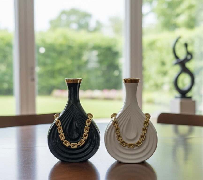 Black & White Wave Vases with Gilded Chain Accent