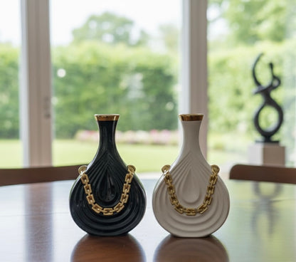 Black & White Wave Vases with Gilded Chain Accent