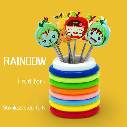 Cartoon Character Fruit Fork Set with Rainbow Holder