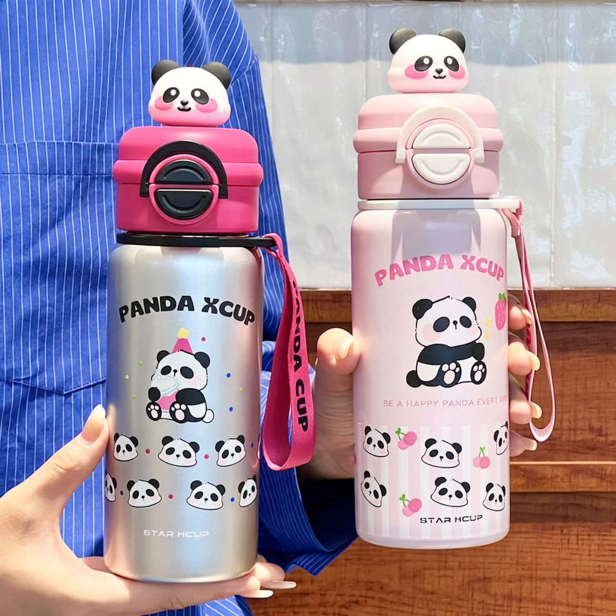 Cute Panda Stainless Steel Straw Water Bottle with Carrying Strap - 550ml