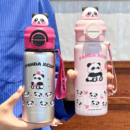 Cute Panda Stainless Steel Straw Water Bottle with Carrying Strap - 550ml