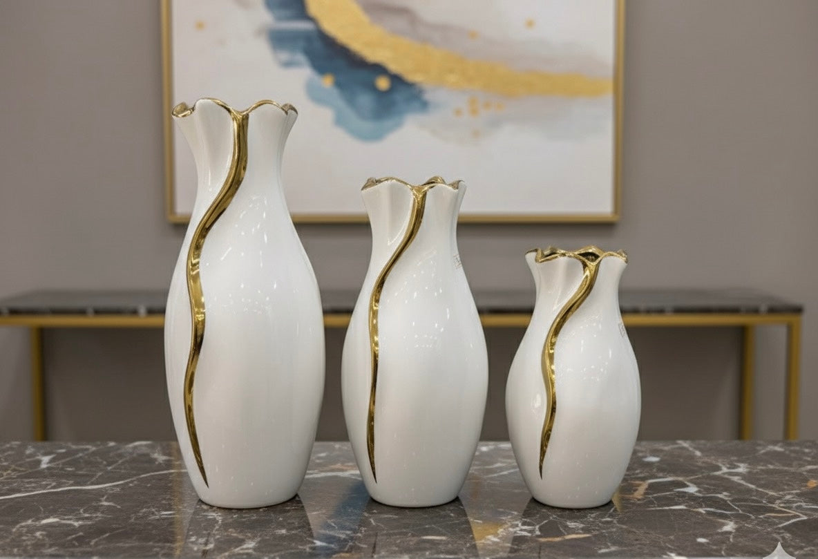 Elegant Black & White Wavy Ceramic Vase Set (3 Piece) (Only In Karachi)