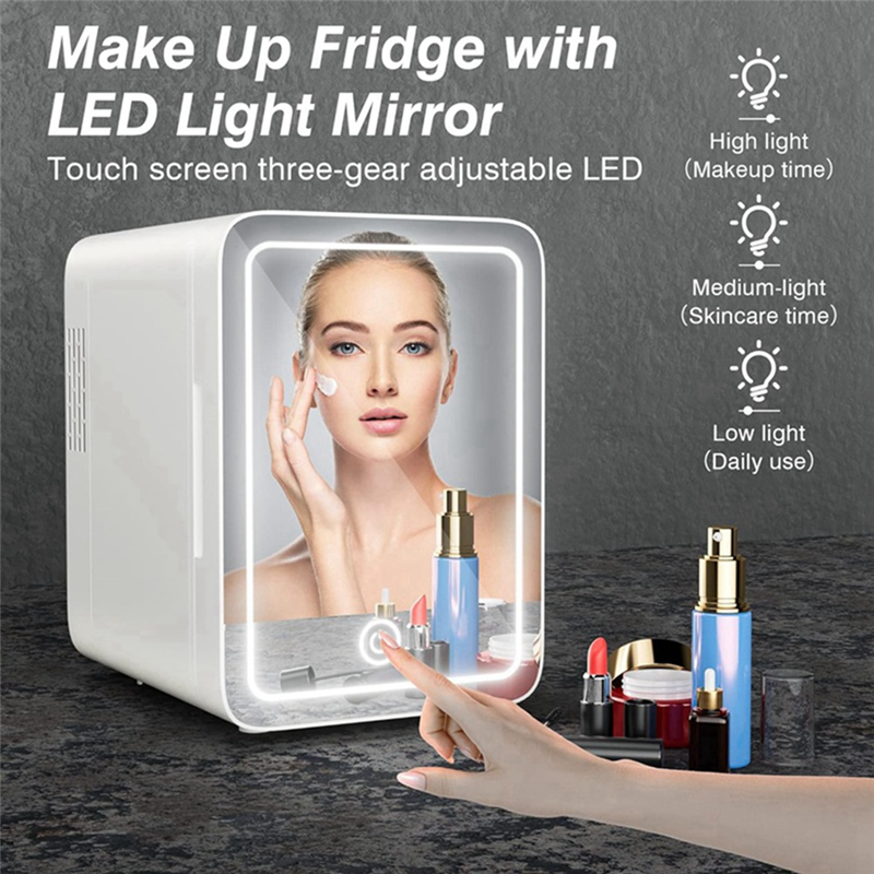 Portable 4L Mini Beauty Fridge with Dimmable LED Lighted Mirror