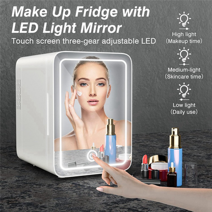 Portable 4L Mini Beauty Fridge with Dimmable LED Lighted Mirror