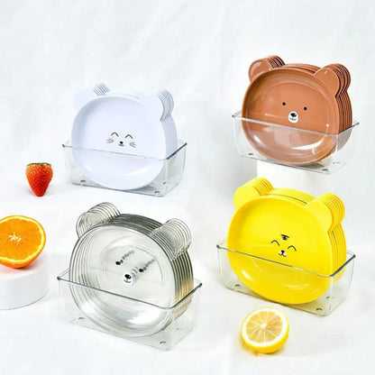 Cute Bear-Shaped Snack Plate Set with Clear Storage Holder (Set of 8)