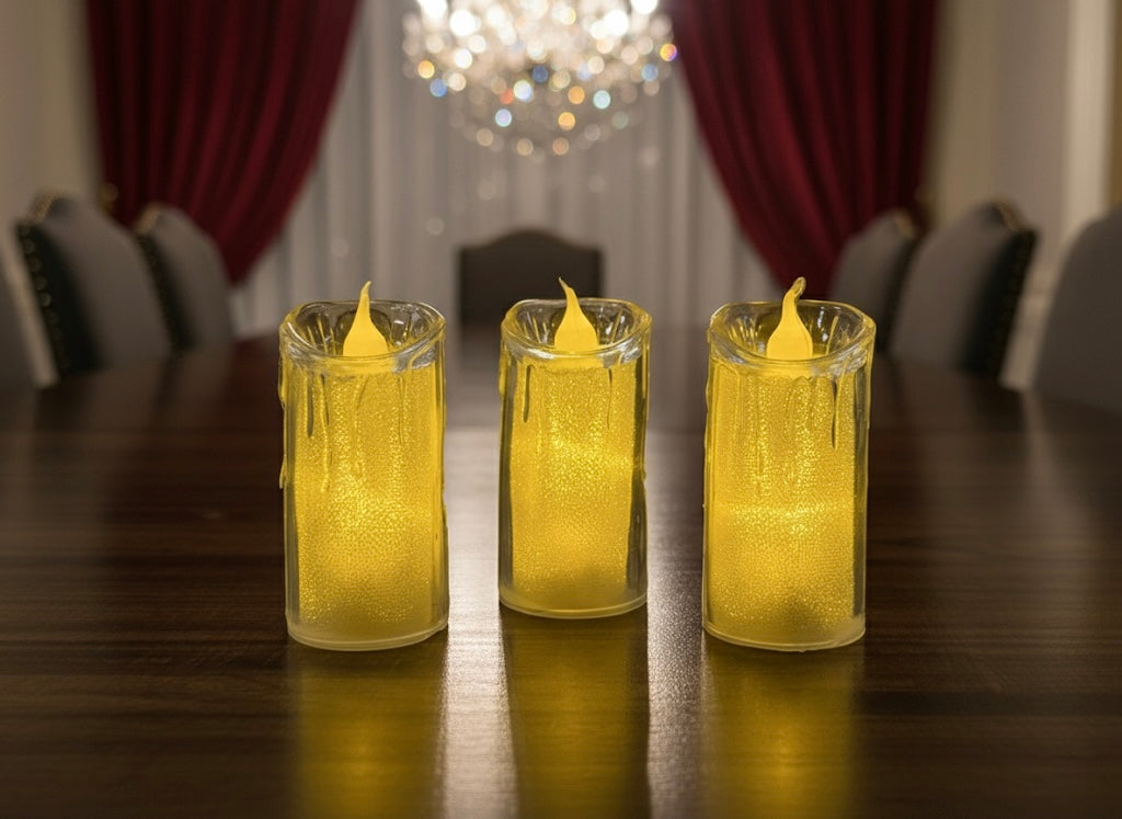 Realistic LED Flameless Candles in Dripping Wax Glass Votives