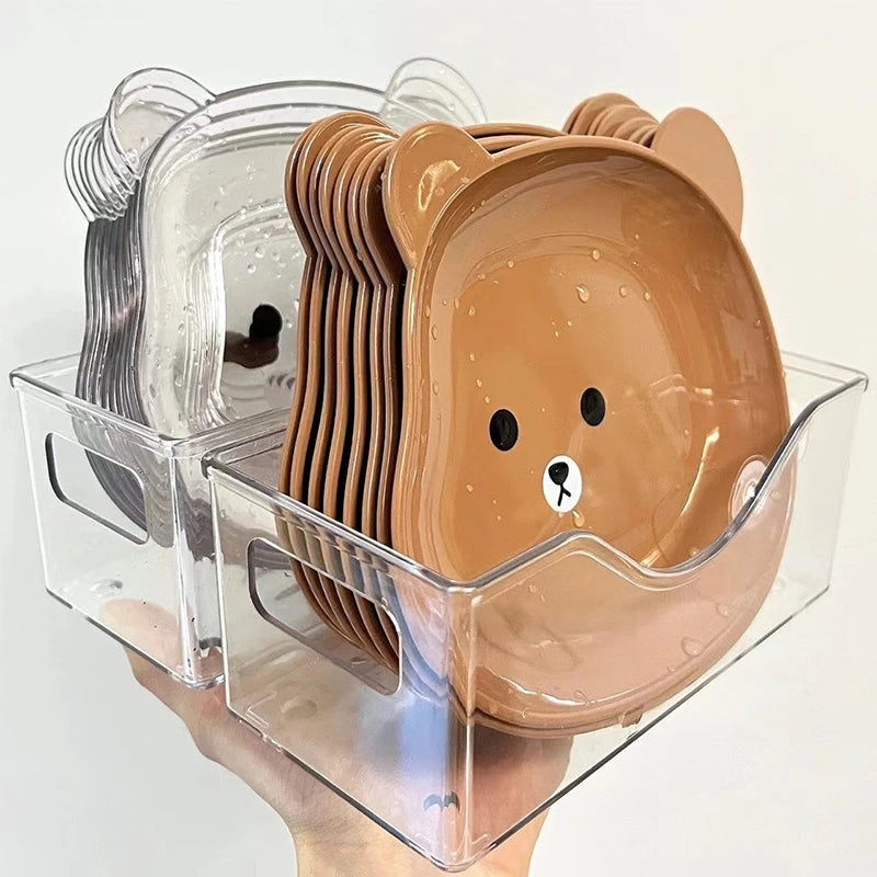 Cute Bear-Shaped Snack Plate Set with Clear Storage Holder (Set of 8)