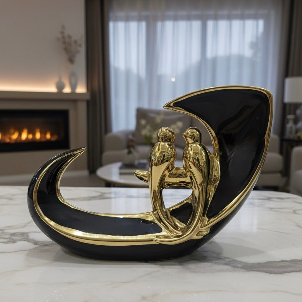 Golden Lovebirds Crescent Sculpture (White & Black)