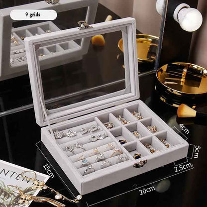 Velvet Jewelry Storage Organizer Box with Glass Lid & Buckle Clasp