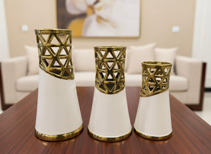Gilded Geometric Ceramic Vase Set | Black & White (3 Piece) (Only In Karachi)