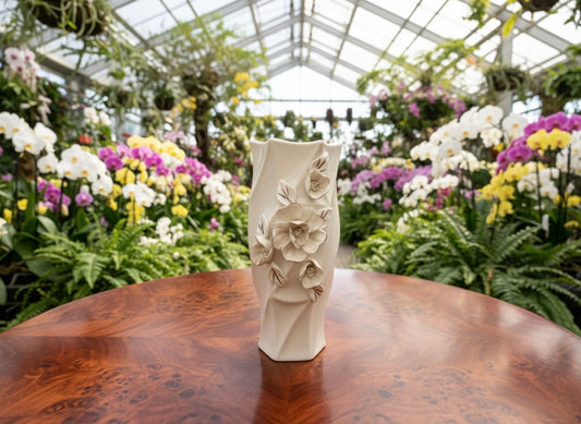 Elegant Cream Ceramic Flower Vase with Sculptural Floral Embellishments