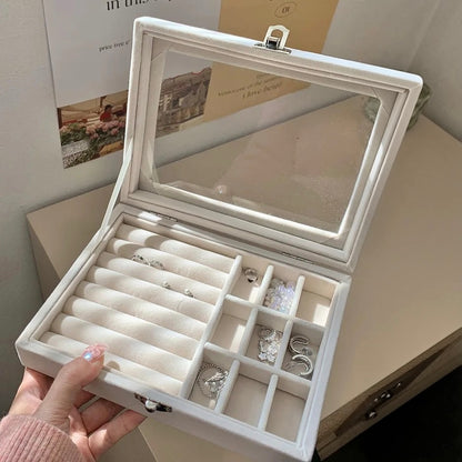 Velvet Jewelry Storage Organizer Box with Glass Lid & Buckle Clasp