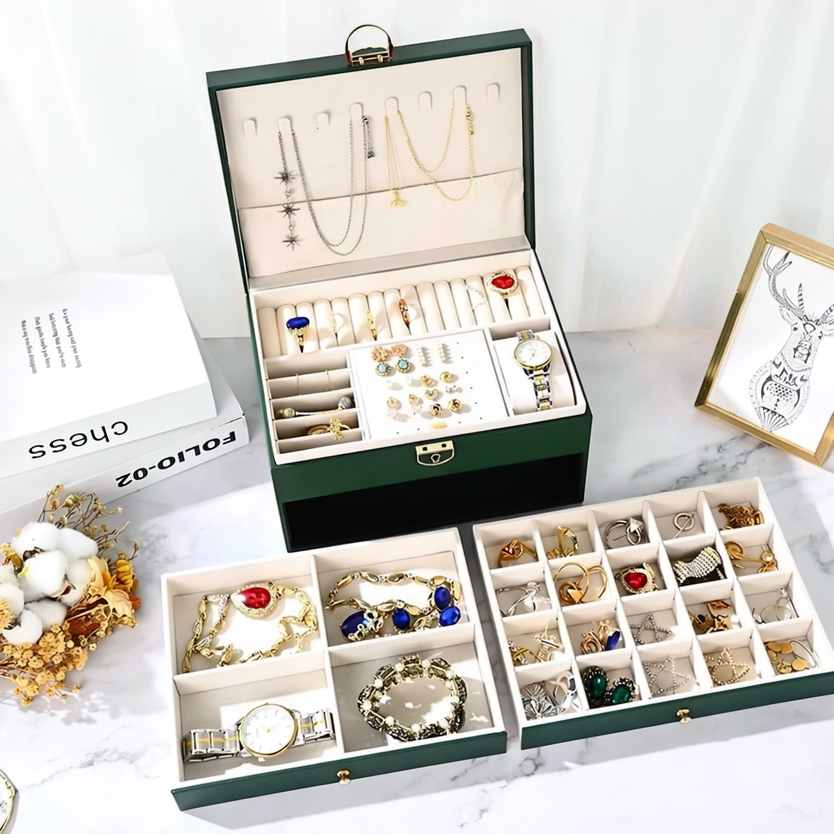 Multi-Layer Quilted PU Leather Jewelry Organizer Box with Drawers & Lock