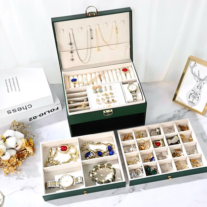 Multi-Layer Quilted PU Leather Jewelry Organizer Box with Drawers & Lock