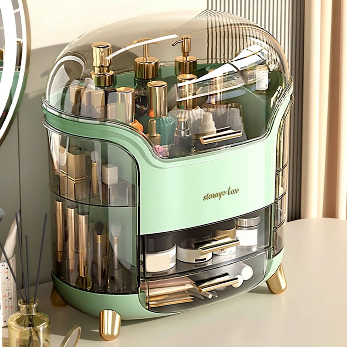 Luxury Dustproof Makeup Organizer Box with Rotating Side Doors & Drawers