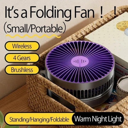 Portable Folding Wireless Desk Fan with Night Light
