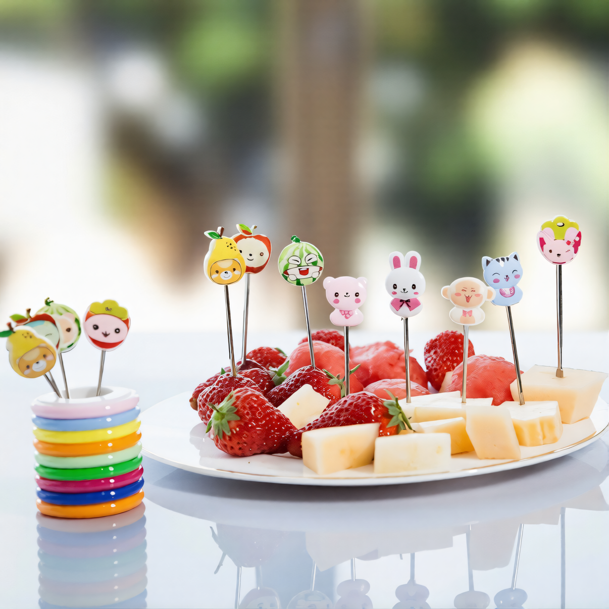 Cartoon Character Fruit Fork Set with Rainbow Holder