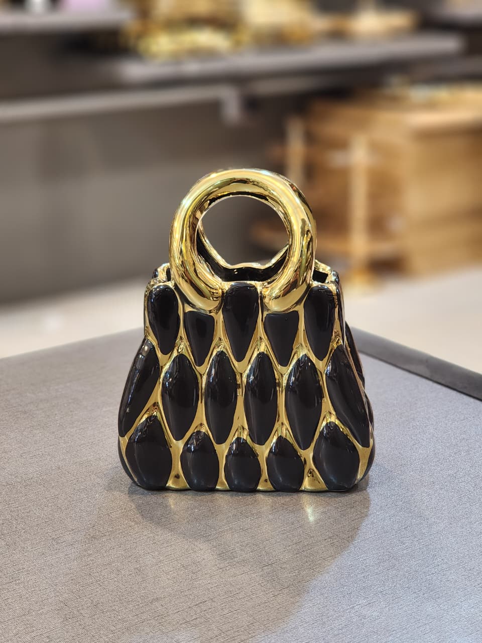 Glossy Black and Gold Handbag-Shaped Decorative