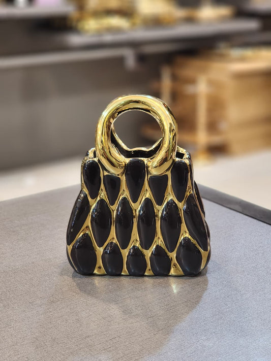 Glossy Black and Gold Handbag-Shaped Decorative