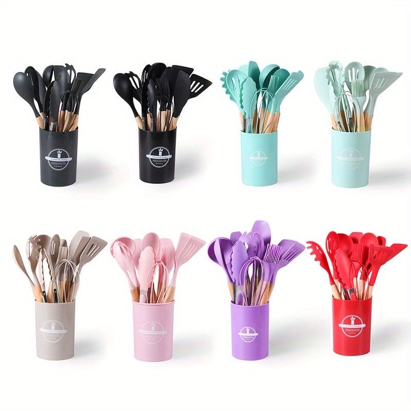12-Piece Non-Stick Silicone Kitchen Utensil Set with Wooden Handles