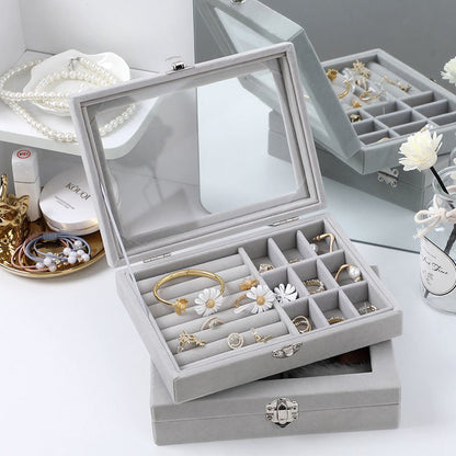 Velvet Jewelry Storage Organizer Box with Glass Lid & Buckle Clasp