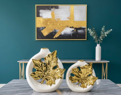 Regal Black & Gold Leaf Ceramic Vase Set | Modern Statement Decor (2 piece)