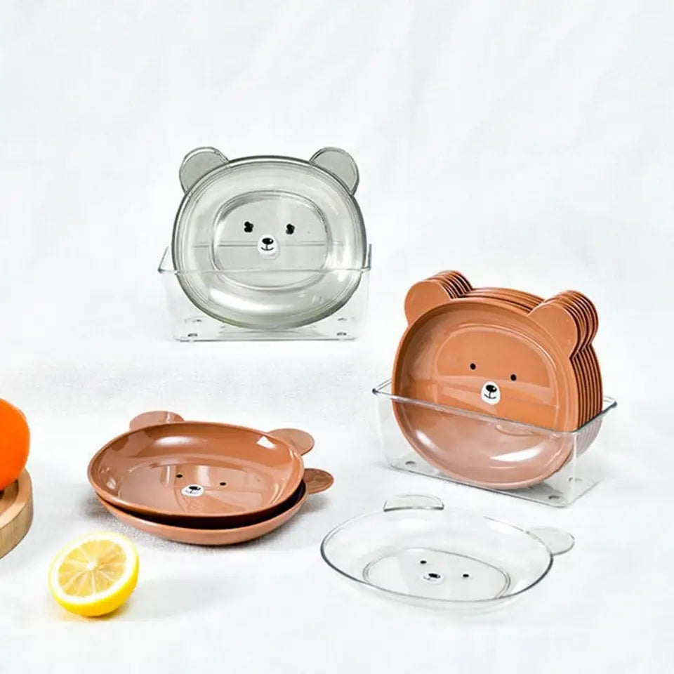 Cute Bear-Shaped Snack Plate Set with Clear Storage Holder (Set of 8)