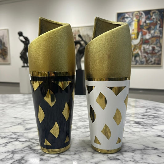 Black and White Chevron-Patterned Gold-Tone Decorative Vases (Only In Karachi)