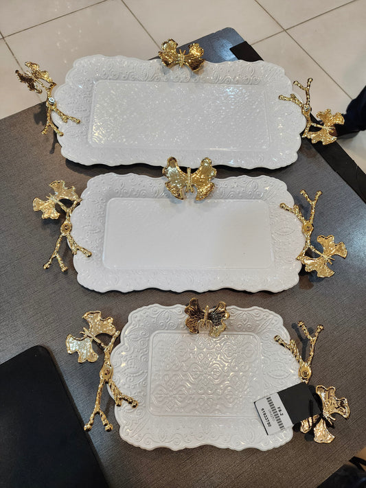 Elegance in Bloom: Gilded Butterfly & Ginkgo Filigree Trays Set (3 Piece)