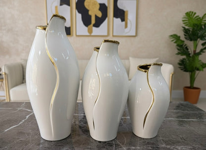 Modern White & Gold Sculptural Vase Set (3 Piece) (Only In Karachi)