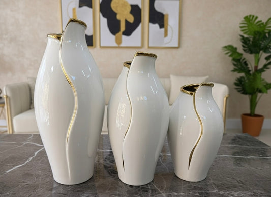 Modern White & Gold Sculptural Vase Set (3 Piece) (Only In Karachi)