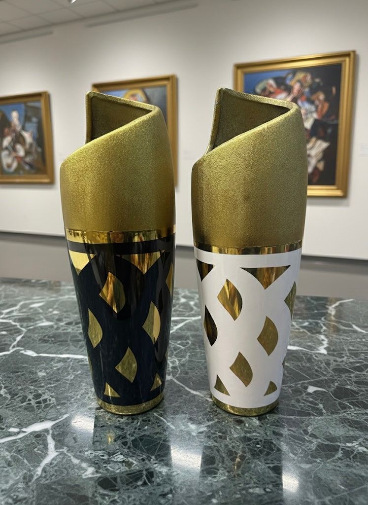 Black and White Chevron-Patterned Gold-Tone Decorative Vases (Only In Karachi)