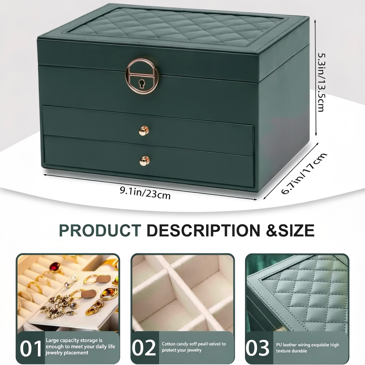 Multi-Layer Quilted PU Leather Jewelry Organizer Box with Drawers & Lock