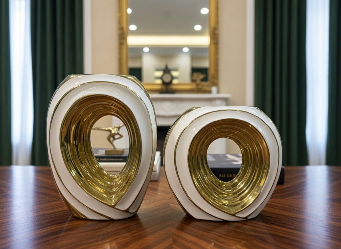 Elegant White Abstract Ceramic Vase Set (2 Piece)