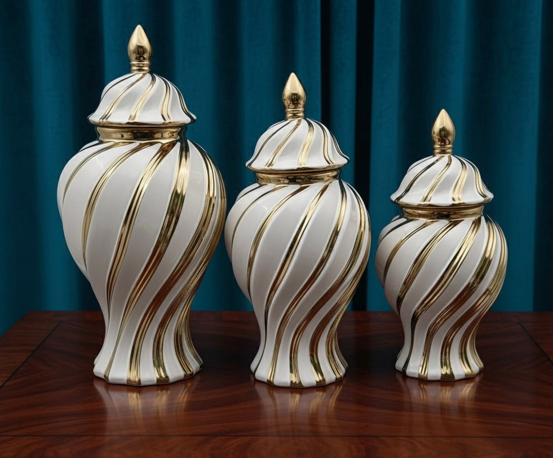 Elegant Spiral Ceramic Jars with Gold Accents Set (Only In Karachi)