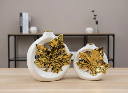 Regal Black & Gold Leaf Ceramic Vase Set | Modern Statement Decor (2 piece)