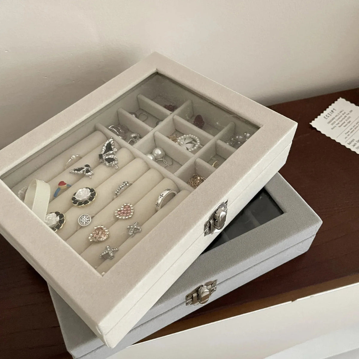 Velvet Jewelry Storage Organizer Box with Glass Lid & Buckle Clasp