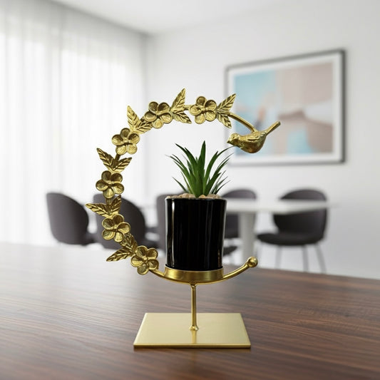 Gold Metal Drop Floral Frame with Artificial Plant Ceramic Pot Decoration