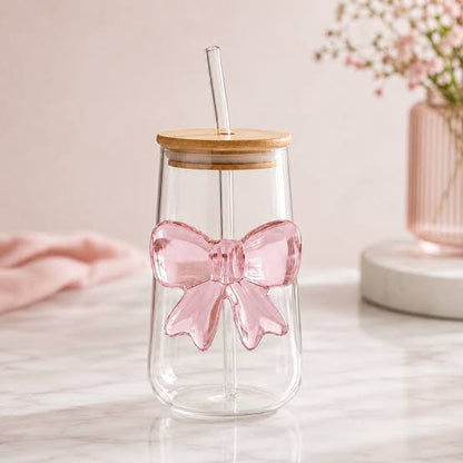 Pink Glass Bow Can Tumbler with Bamboo Lid & Glass Straw