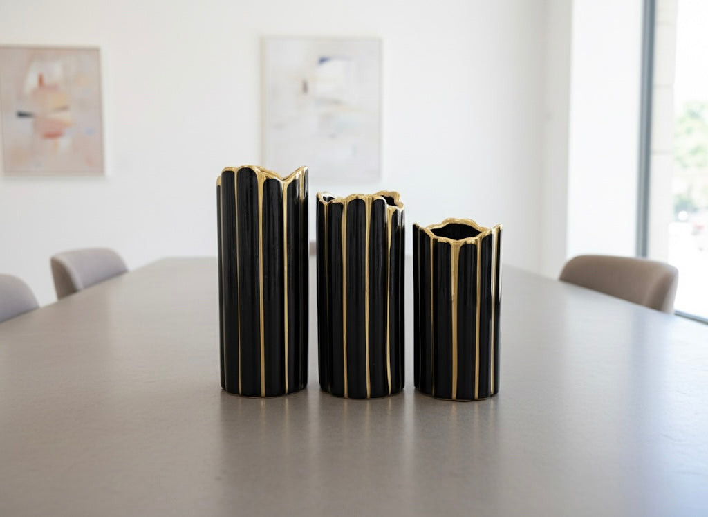 Luxury Black & Gold Ceramic Fluted Vase Set (3 Piece) (Only In Karachi)