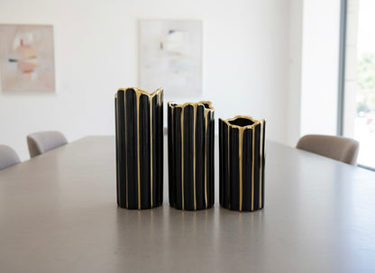 Luxury Black & Gold Ceramic Fluted Vase Set (3 Piece) (Only In Karachi)