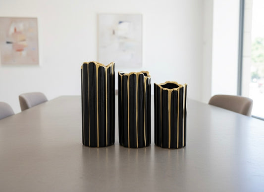 Luxury Black & Gold Ceramic Fluted Vase Set (3 Piece) (Only In Karachi)