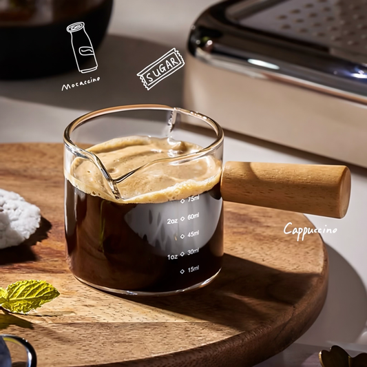 Glass Espresso Measuring Shot Glass Pitcher with Wooden Handle